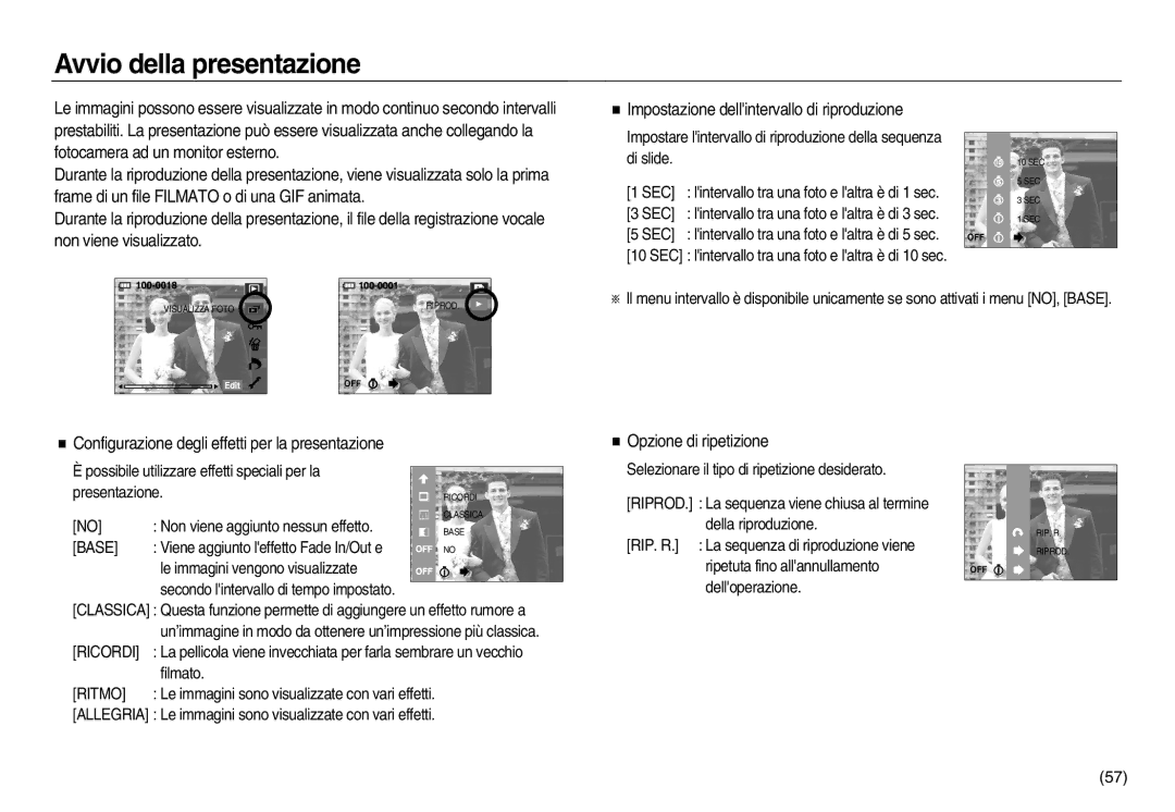 Samsung EC-NV8ZZSBA/IT, EC-NV8ZZBBA/E1 manual Avvio della presentazione, Configurazione degli effetti per la presentazione 