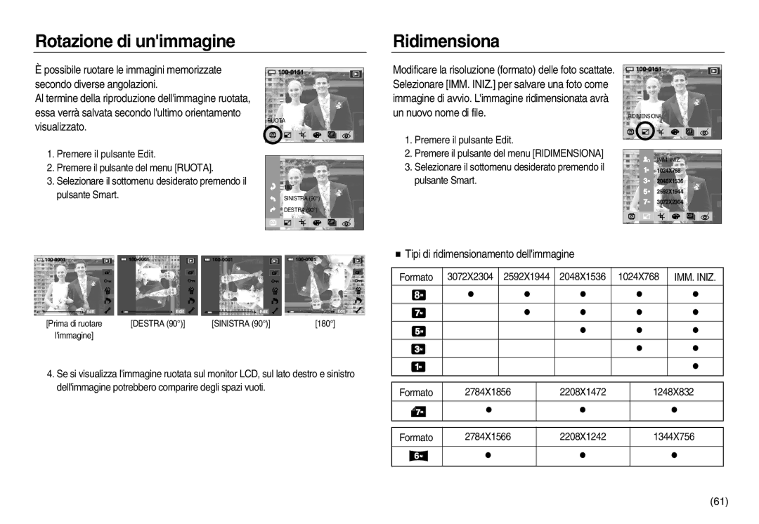 Samsung EC-NV8ZZSDA/E3, EC-NV8ZZBBA/E1 manual Rotazione di unimmagine Ridimensiona, Tipi di ridimensionamento dellimmagine 