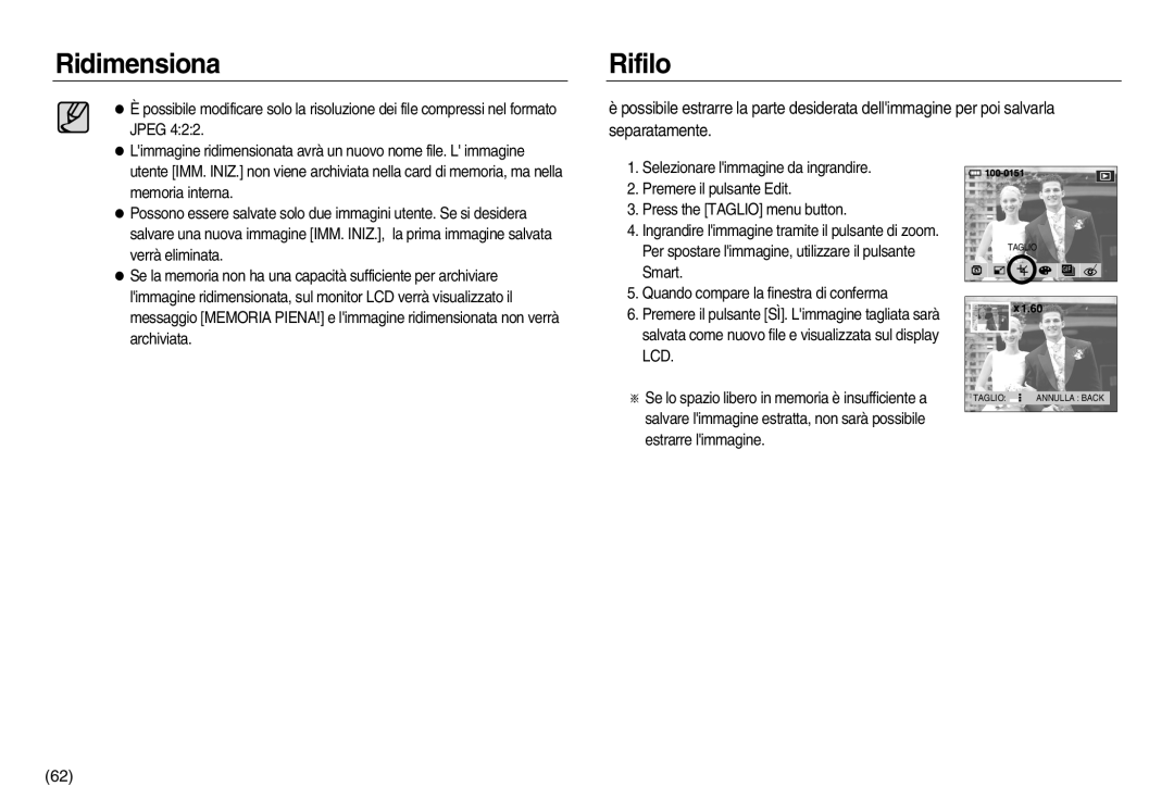 Samsung EC-NV8ZZBDA/E3, EC-NV8ZZBBA/E1, EC-NV8ZZSBA/E1, EC-NV8ZZSDA/E3, EC-NV8ZZSBA/IT, EC-NV8ZZBBA/IT manual Rifilo 