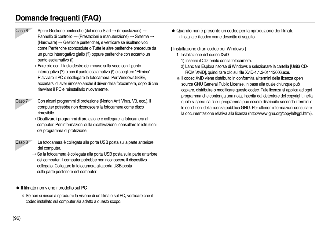 Samsung EC-NV8ZZSBA/E1, EC-NV8ZZBBA/E1 manual Il filmato non viene riprodotto sul PC, Installazione di un codec per Windows 