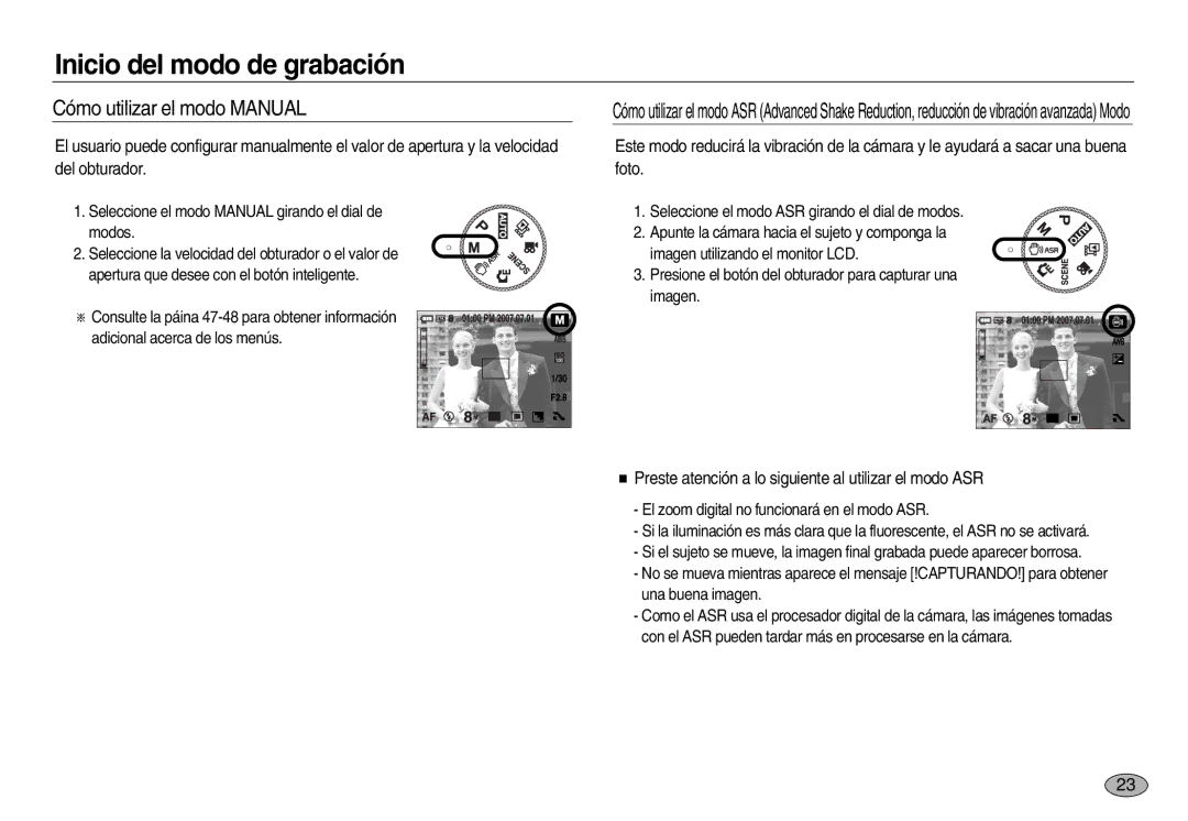 Samsung EC-NV8ZZSBA/AS manual Cómo utilizar el modo Manual, Preste atención a lo siguiente al utilizar el modo ASR 