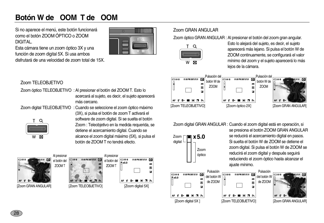 Samsung EC-NV8ZZBBA/GB, EC-NV8ZZBBA/E1, EC-NV8ZZSBA/E1 Botón W de ZOOM/ T de Zoom, Zoom Teleobjetivo, Zoom Gran Angular 