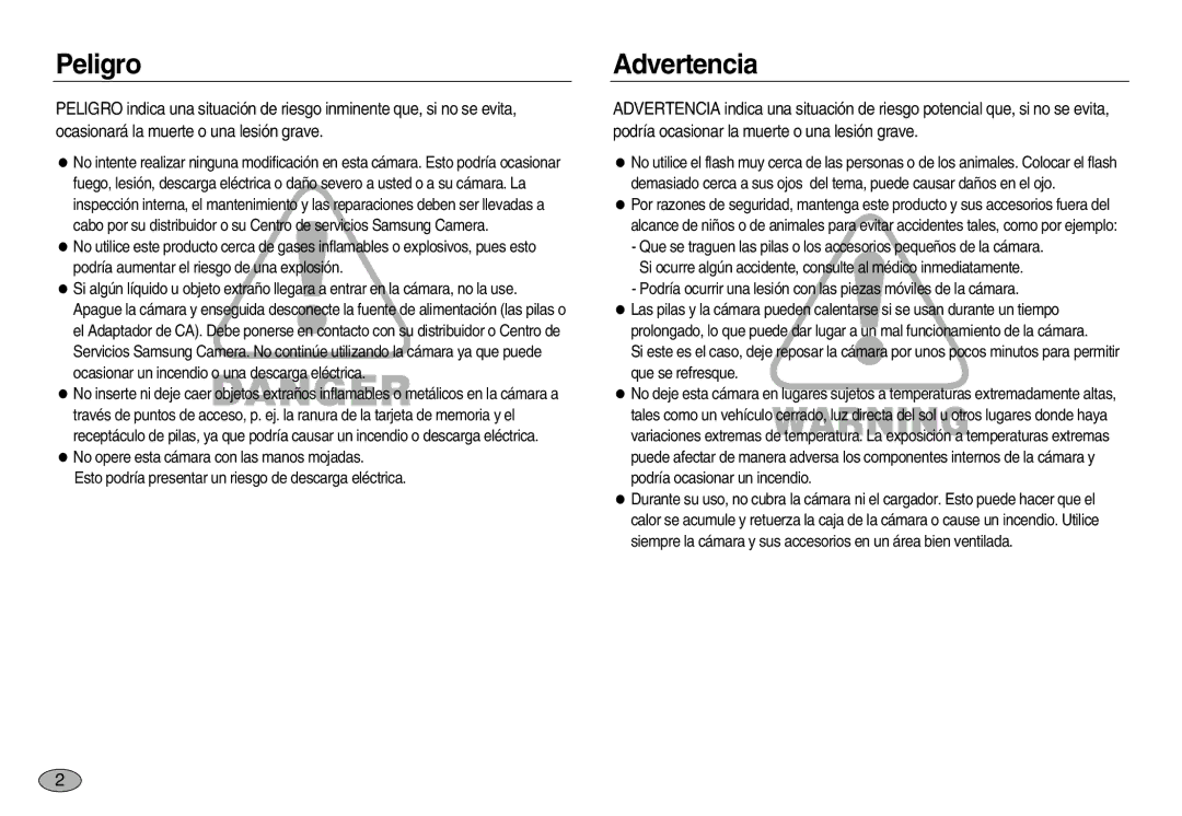 Samsung EC-NV8ZZBDA/E3, EC-NV8ZZBBA/E1, EC-NV8ZZSBA/E1, EC-NV8ZZSDA/E3, EC-NV8ZZSBA/AS, EC-NV8ZZRBA/E1 Peligro, Advertencia 