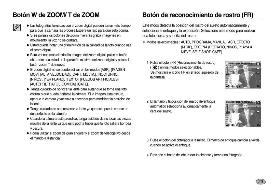 Samsung EC-NV8ZZBBA/E1, EC-NV8ZZSBA/E1, EC-NV8ZZSDA/E3 manual Botón de reconocimiento de rostro FR, NIEVE, Self SHOT, Café 