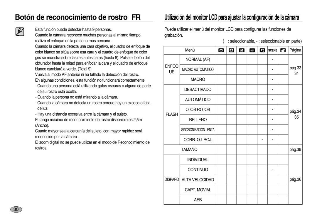 Samsung EC-NV8ZZSBA/E1 manual Normal AF Enfoq, Macro Desactivado Automático Flash Ojos Rojos, Relleno, CORR. OJ. ROJ Tamaño 