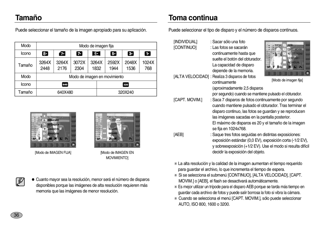 Samsung EC-NV8ZZBBA/AS, EC-NV8ZZBBA/E1, EC-NV8ZZSBA/E1, EC-NV8ZZSDA/E3 manual Tamaño, Toma continua, Individual, CAPT. Movim 