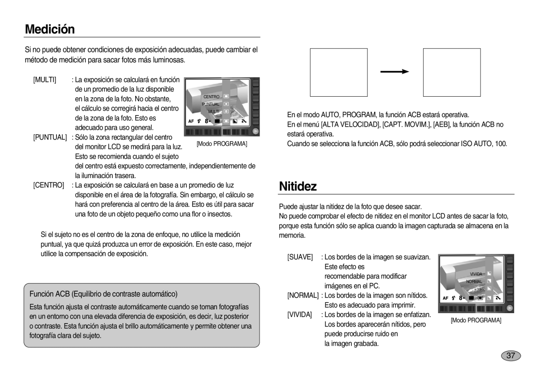 Samsung EC-NV8ZZSBA/GB, EC-NV8ZZBBA/E1 manual Medición, Nitidez, Función ACB Equilibrio de contraste automático, Centro 