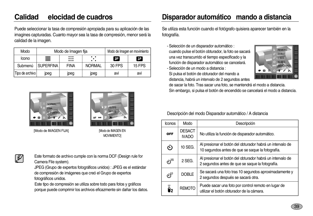 Samsung EC-NV8ZZBBA/E1 Calidad / Velocidad de cuadros, Descripción del modo Disparador automático / a distancia, Desact 