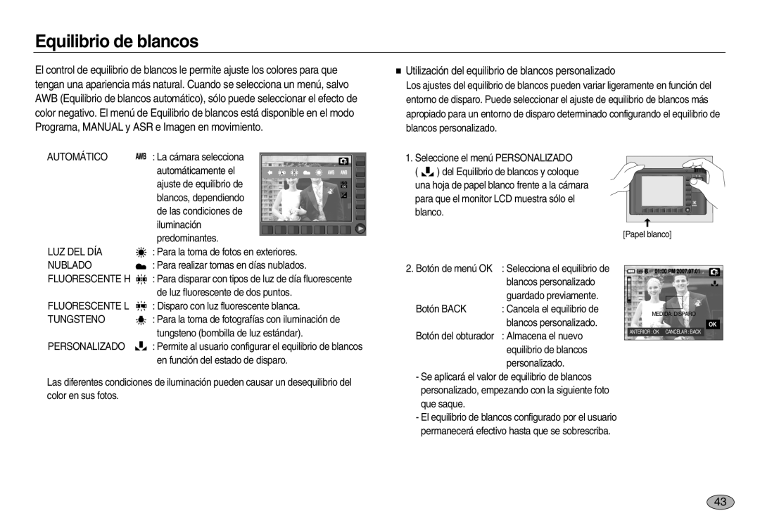 Samsung EC-NV8ZZSBA/AS, EC-NV8ZZBBA/E1 manual Equilibrio de blancos, Utilización del equilibrio de blancos personalizado 