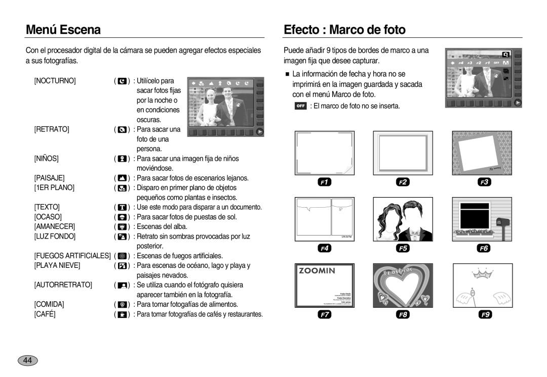 Samsung EC-NV8ZZRBA/E1, EC-NV8ZZBBA/E1, EC-NV8ZZSBA/E1, EC-NV8ZZSDA/E3 manual Menú Escena, Efecto Marco de foto, 1ER Plano 