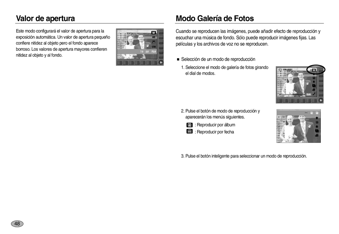 Samsung EC-NV8ZZBBA/GB, EC-NV8ZZBBA/E1 manual Valor de apertura, Modo Galería de Fotos, Selección de un modo de reproducción 