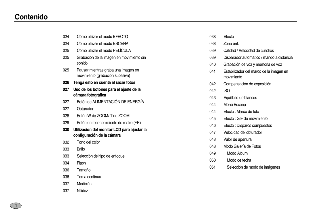 Samsung EC-NV8ZZRBA/E1, EC-NV8ZZBBA/E1, EC-NV8ZZSBA/E1, EC-NV8ZZSDA/E3, EC-NV8ZZBDA/E3, EC-NV8ZZSBA/AS manual Contenido 