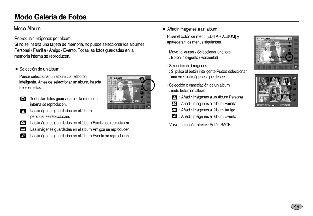 Samsung EC-NV8ZZBBA/E1, EC-NV8ZZSBA/E1, EC-NV8ZZSDA/E3, EC-NV8ZZBDA/E3, EC-NV8ZZSBA/AS Modo Álbum, Añadir imágenes a un álbum 