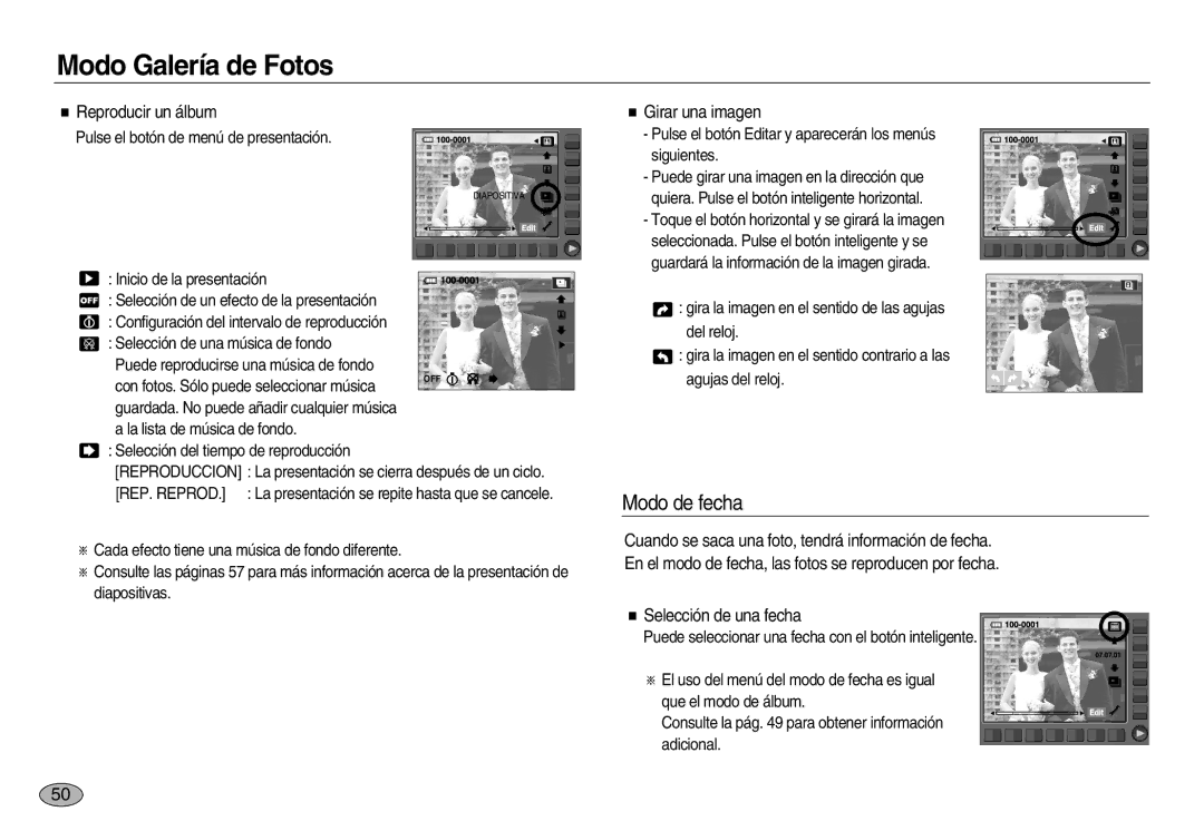 Samsung EC-NV8ZZSBA/E1, EC-NV8ZZBBA/E1 manual Modo de fecha, Reproducir un álbum, Girar una imagen, Selección de una fecha 