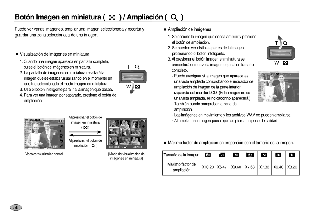 Samsung EC-NV8ZZBBA/AS, EC-NV8ZZBBA/E1, EC-NV8ZZSBA/E1 manual Botón Imagen en miniatura Ampliación, Ampliación de imágenes 