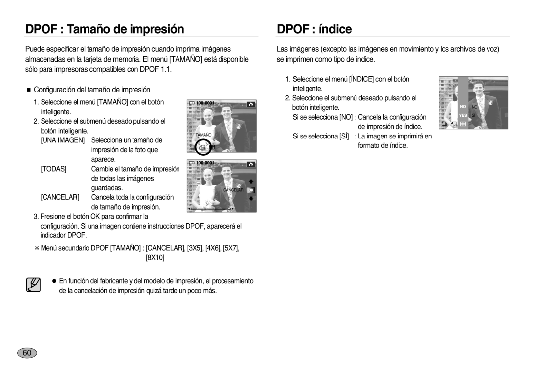 Samsung EC-NV8ZZSBA/E1, EC-NV8ZZBBA/E1 manual Dpof Tamaño de impresión, Dpof índice, Configuración del tamaño de impresión 