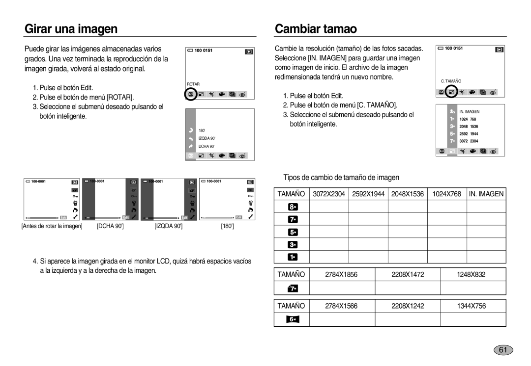 Samsung EC-NV8ZZSDA/E3, EC-NV8ZZBBA/E1, EC-NV8ZZSBA/E1 Girar una imagen Cambiar tamaño, Tipos de cambio de tamaño de imagen 