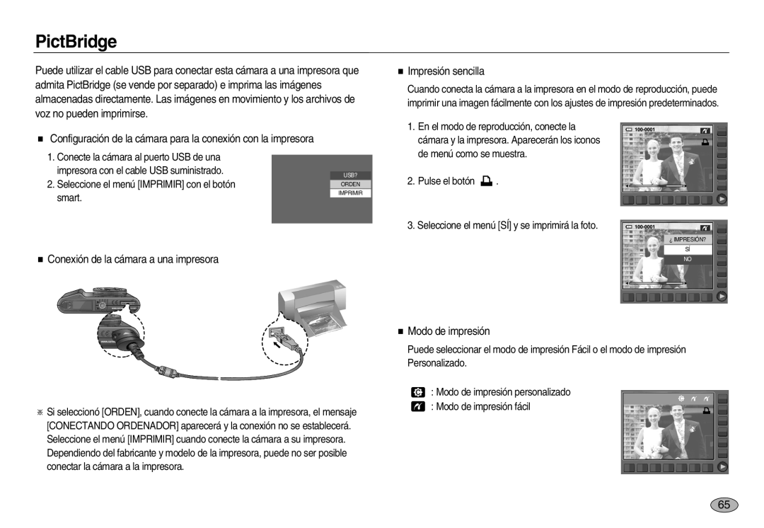 Samsung EC-NV8ZZBBB/E1 manual PictBridge, Conexión de la cámara a una impresora, Impresión sencilla, Modo de impresión 