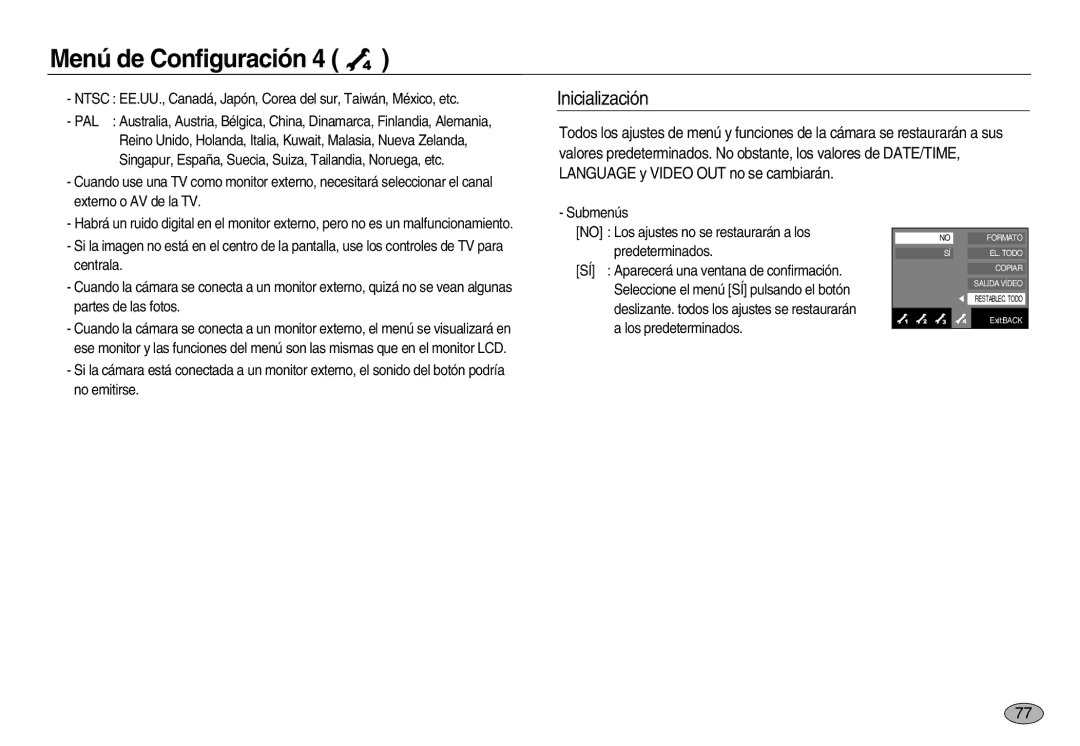 Samsung EC-NV8ZZSBA/GB, EC-NV8ZZBBA/E1, EC-NV8ZZSBA/E1, EC-NV8ZZSDA/E3, EC-NV8ZZBDA/E3, EC-NV8ZZSBA/AS manual Inicialización 