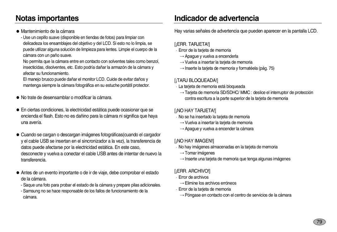 Samsung EC-NV8ZZBBA/E1, EC-NV8ZZSBA/E1, EC-NV8ZZSDA/E3, EC-NV8ZZBDA/E3 Indicador de advertencia, Mantenimiento de la cámara 