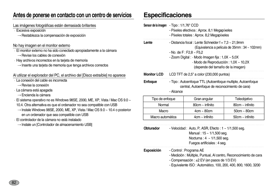 Samsung EC-NV8ZZBDA/E3, EC-NV8ZZBBA/E1 manual Especificaciones, Las imágenes fotográficas están demasiado brillantes 