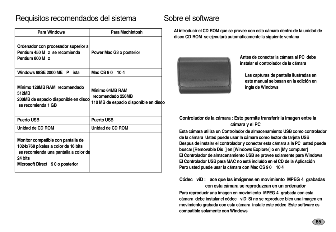 Samsung EC-NV8ZZBBB/E1, EC-NV8ZZBBA/E1, EC-NV8ZZSBA/E1 manual Requisitos recomendados del sistema, Sobre el software 