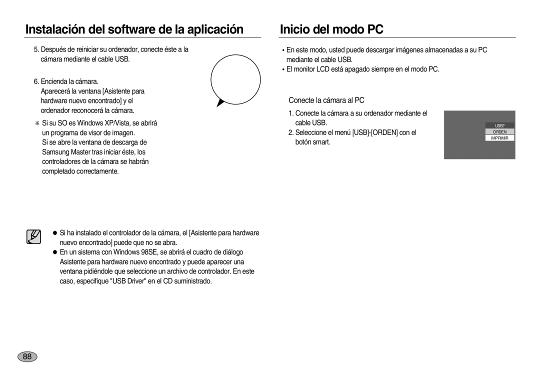 Samsung EC-NV8ZZBBA/GB, EC-NV8ZZBBA/E1, EC-NV8ZZSBA/E1, EC-NV8ZZSDA/E3 manual Inicio del modo PC, Conecte la cámara al PC 