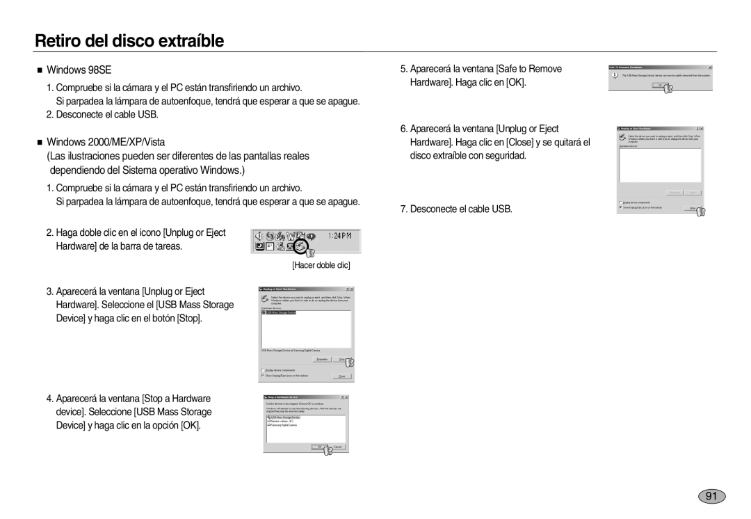 Samsung EC-NV8ZZSDA/E3, EC-NV8ZZBBA/E1, EC-NV8ZZSBA/E1, EC-NV8ZZBDA/E3 manual Retiro del disco extraíble, Windows 98SE 