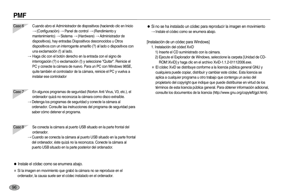 Samsung EC-NV8ZZBBA/AS, EC-NV8ZZBBA/E1 manual Instale el códec como se enumera abajo, Instalación de un códec para Windows 