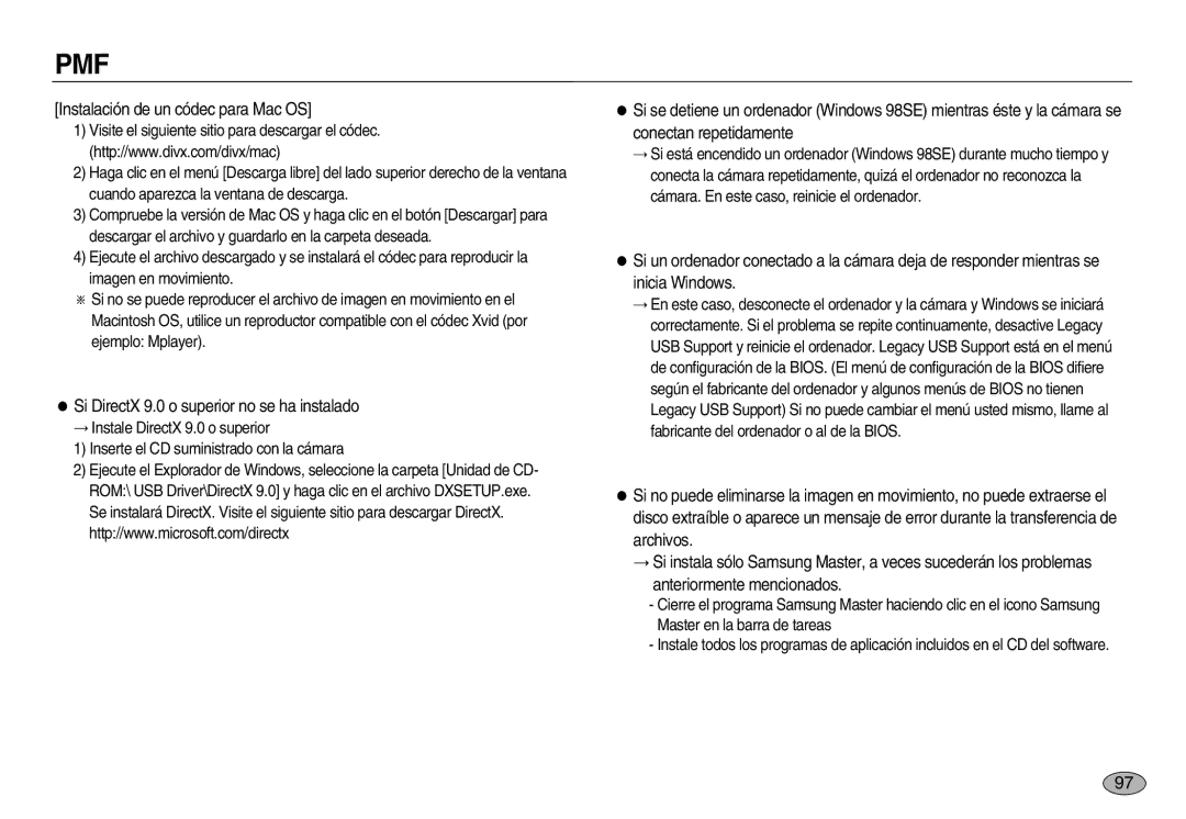 Samsung EC-NV8ZZSBA/GB, EC-NV8ZZBBA/E1 Instalación de un códec para Mac OS, Si DirectX 9.0 o superior no se ha instalado 