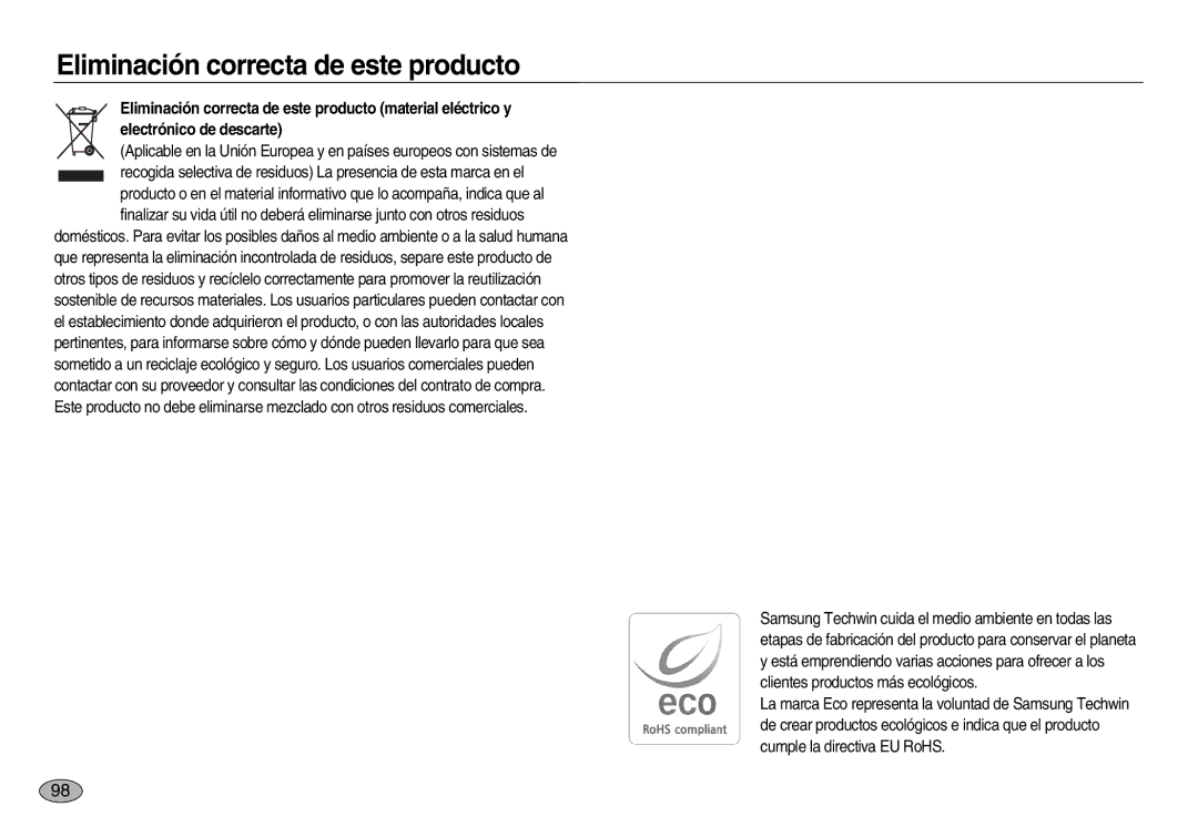 Samsung EC-NV8ZZBBA/GB, EC-NV8ZZBBA/E1, EC-NV8ZZSBA/E1, EC-NV8ZZSDA/E3, EC-NV8ZZBDA/E3 Eliminación correcta de este producto 