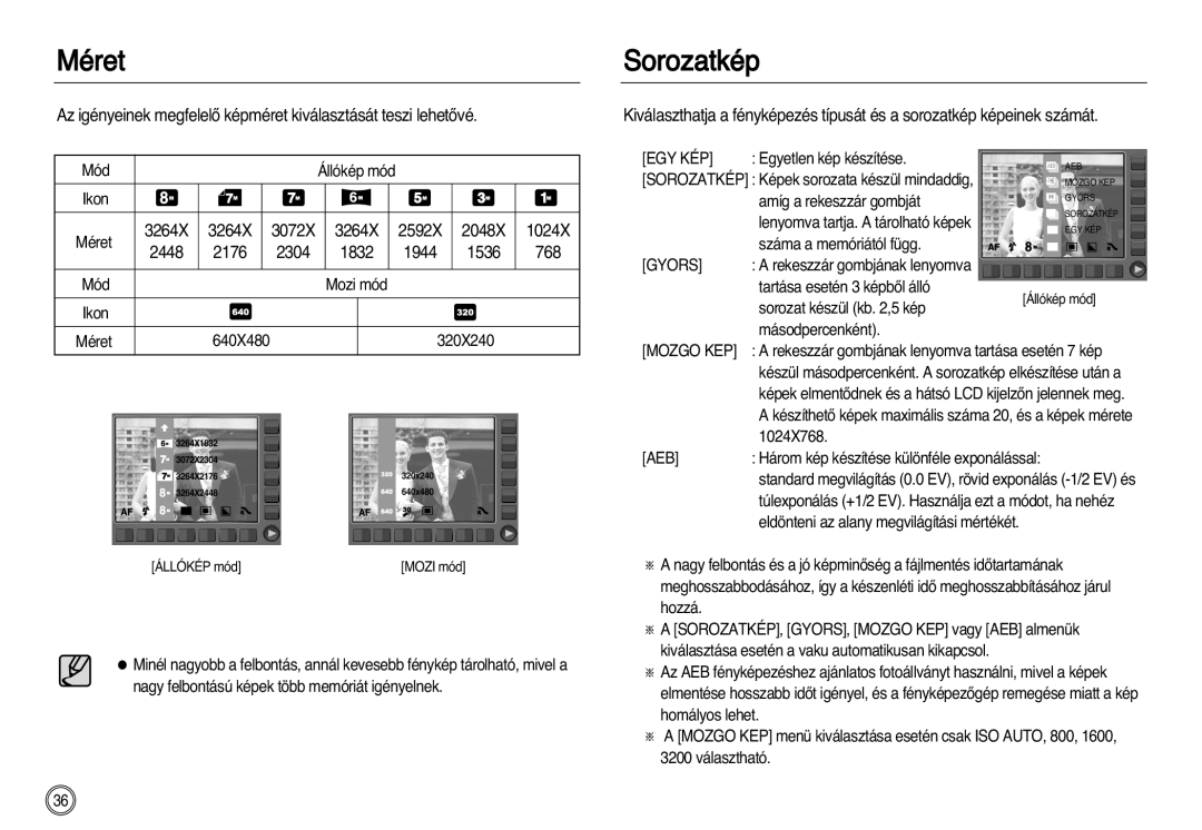 Samsung EC-NV8ZZSBA/E1, EC-NV8ZZBBA/E1, EC-NV8ZZSDA/E3, EC-NV8ZZBDA/E3, EC-NV8ZZSBA/E2, EC-NV8ZZBBA/E2 manual Méret, Sorozatkép 