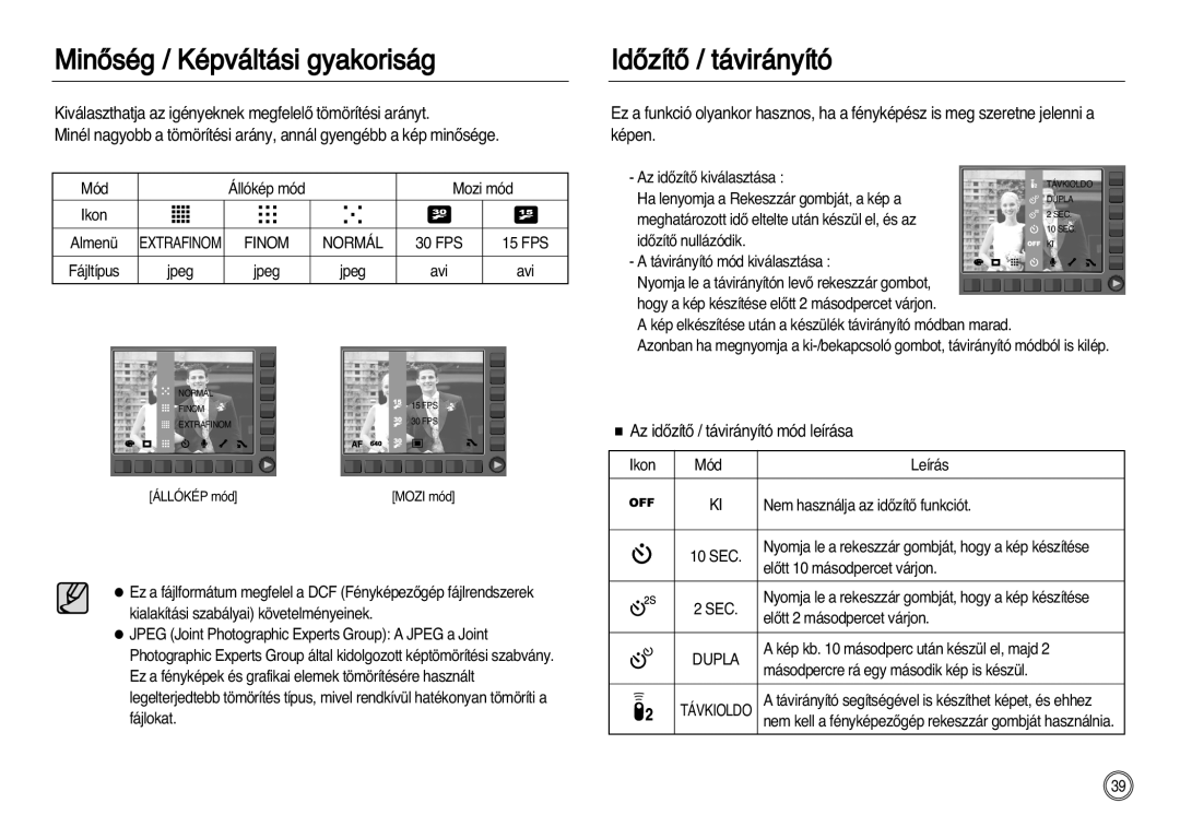 Samsung EC-NV8ZZSBA/E2 manual MinŒség / Képváltási gyakoriság, IdŒzítŒ / távirányító, Az idŒzítŒ / távirányító mód leírása 