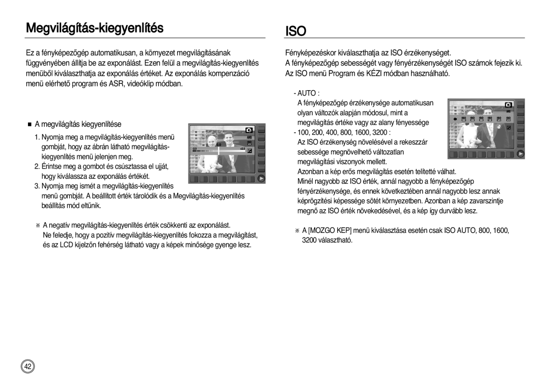 Samsung EC-NV8ZZBBB/E1, EC-NV8ZZBBA/E1, EC-NV8ZZSBA/E1 manual Megvilágítás-kiegyenlítés, Megvilágítás kiegyenlítése, Auto 