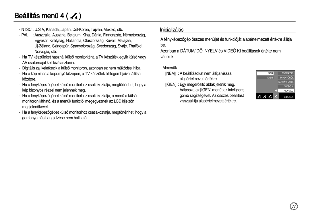 Samsung EC-NV8ZZRBA/E1, EC-NV8ZZBBA/E1, EC-NV8ZZSBA/E1, EC-NV8ZZSDA/E3, EC-NV8ZZBDA/E3, EC-NV8ZZSBA/E2 manual Inicializálás 