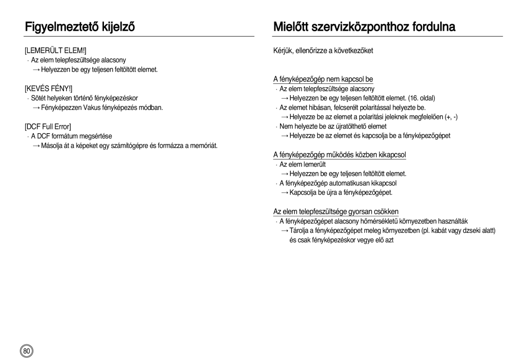 Samsung EC-NV8ZZBBA/E1 manual MielŒtt szervizközponthoz fordulna, DCF Full Error, FényképezŒgép mıködés közben kikapcsol 