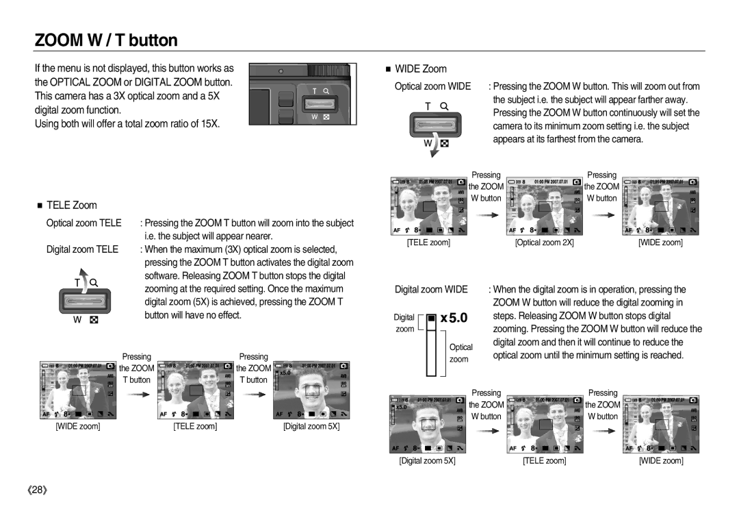 Samsung EC-NV8ZZBDE/AS, EC-NV8ZZBBA/E1, EC-NV8ZZSBA/E1, EC-NV8ZZSDA/E3, EC-NV8ZZRDA/E3 manual Zoom W / T button, Wide Zoom 