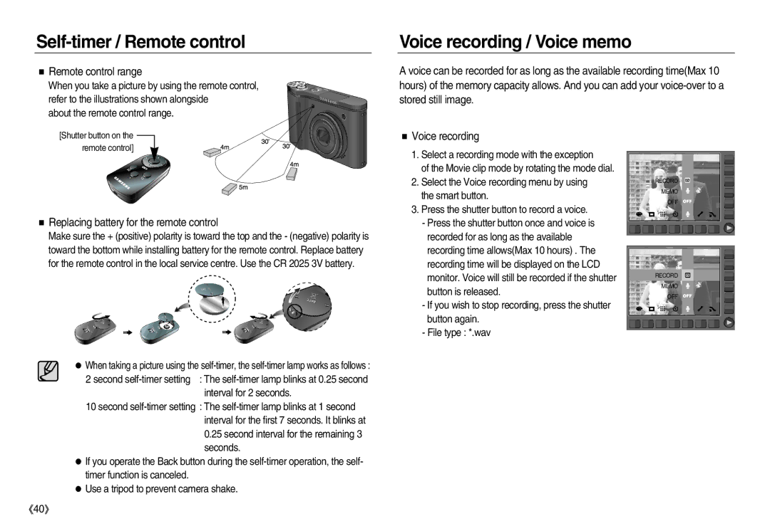 Samsung EC-NV8ZZSDA/E3 manual Voice recording / Voice memo, Remote control range, Replacing battery for the remote control 