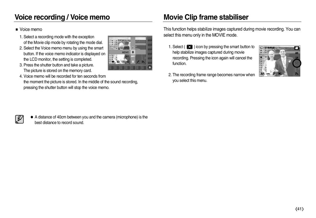 Samsung EC-NV8ZZRDA/E3, EC-NV8ZZBBA/E1, EC-NV8ZZSBA/E1, EC-NV8ZZSDA/E3 manual Movie Clip frame stabiliser, Voice memo 