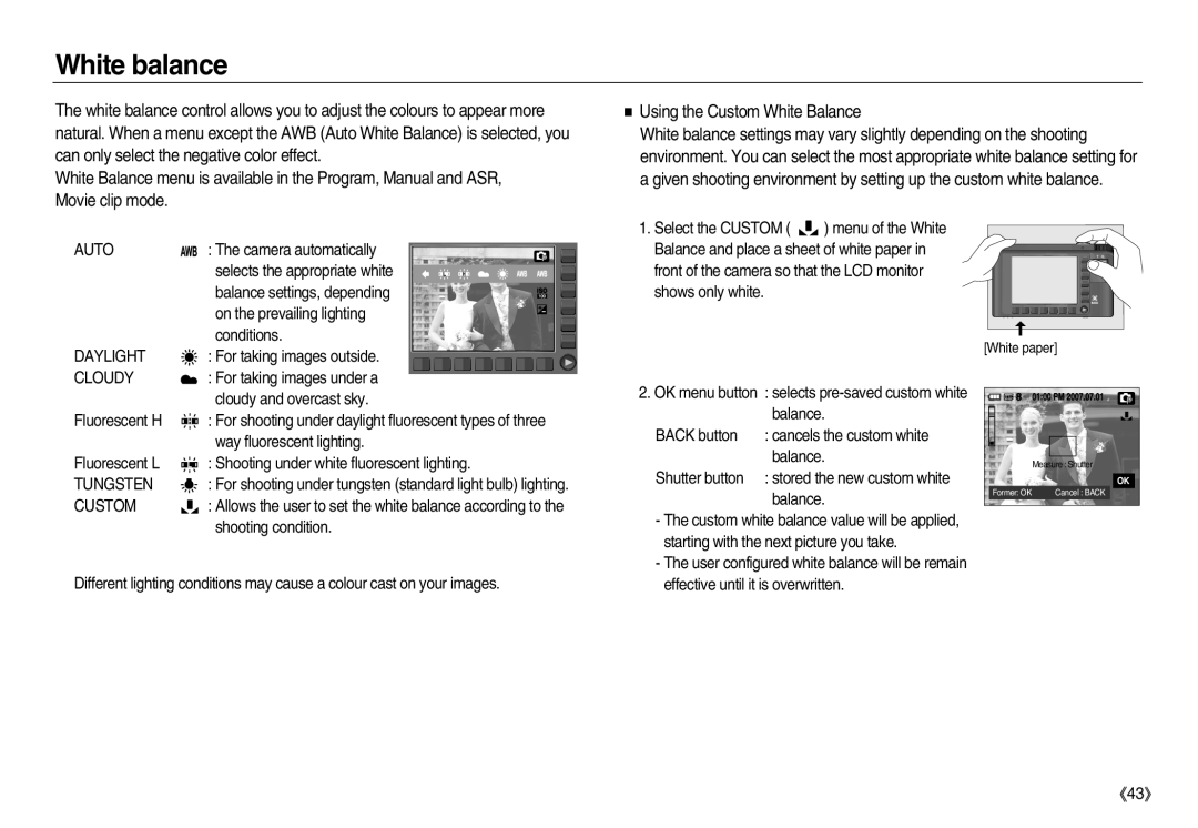 Samsung EC-NV8ZZSBA/E2, EC-NV8ZZBBA/E1 manual White balance, Using the Custom White Balance, Daylight, Cloudy, Tungsten 