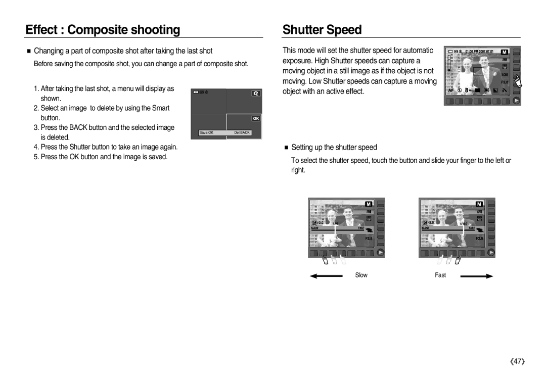 Samsung EC-NV8ZZSBA/AS, EC-NV8ZZBBA/E1 manual Shutter Speed, Object with an active effect Setting up the shutter speed 