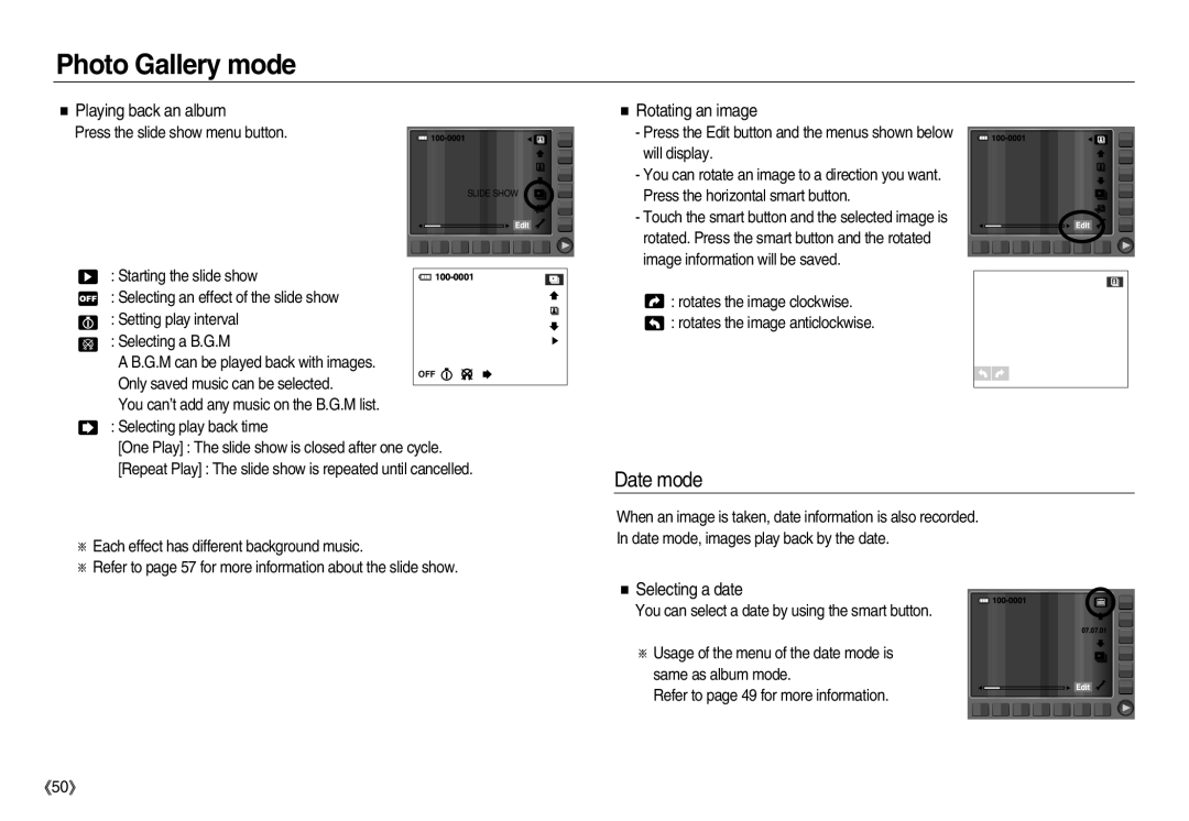 Samsung EC-NV8ZZBBA/AS, EC-NV8ZZBBA/E1 manual Date mode, Playing back an album, Rotating an image, Selecting a date 