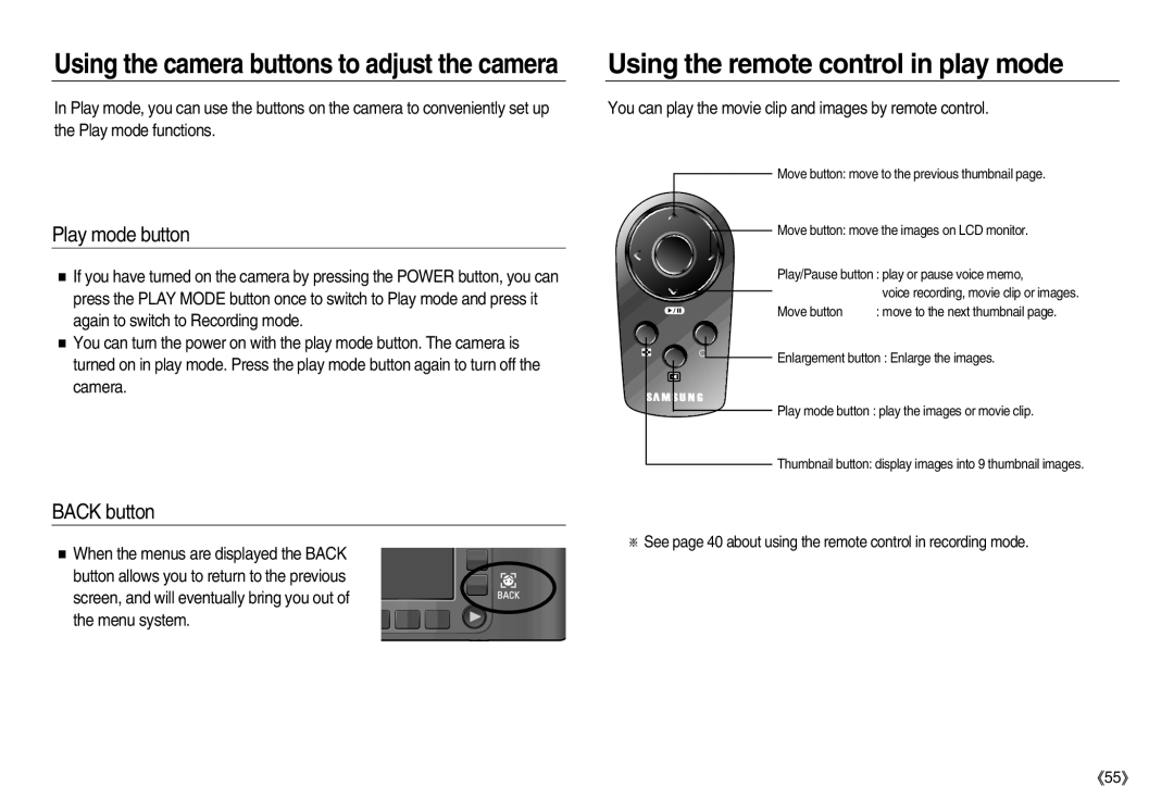 Samsung EC-NV8ZZRBA/TR, EC-NV8ZZBBA/E1, EC-NV8ZZSBA/E1 Using the remote control in play mode, Play mode button, Back button 