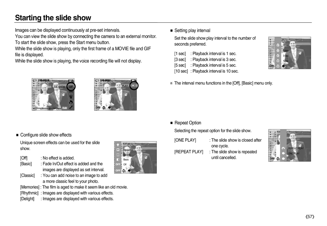 Samsung EC-NV8ZZSBA/IN manual Starting the slide show, Repeat Option, Configure slide show effects, ONE Play, Repeat Play 