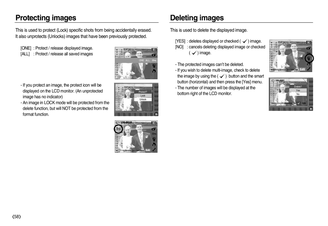 Samsung EC-NV8ZZBBA/IN manual Protecting images, Deleting images, This is used to delete the displayed image, One, All 