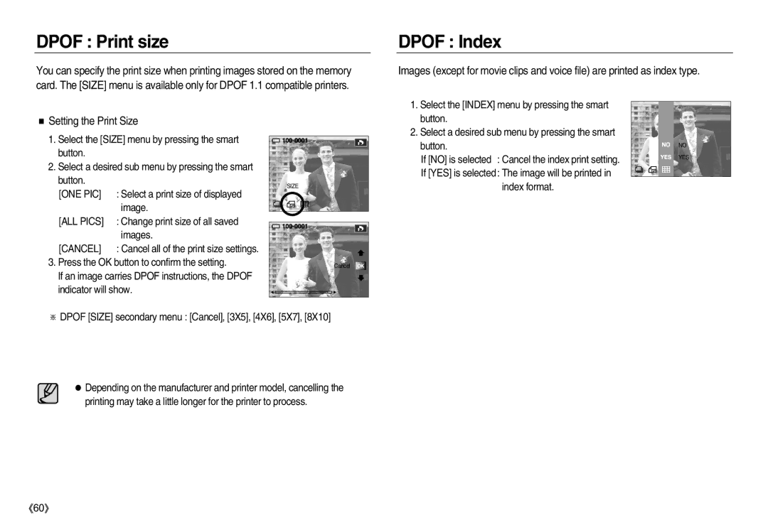 Samsung EC-NV8ZZSDA/AS, EC-NV8ZZBBA/E1, EC-NV8ZZSBA/E1, EC-NV8ZZSDA/E3, EC-NV8ZZRDA/E3 manual Dpof Print size, Dpof Index 