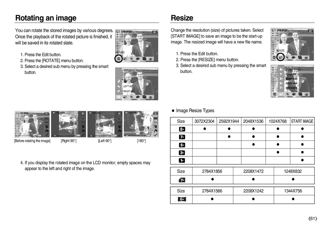 Samsung EC-NV8ZZRDA/AS, EC-NV8ZZBBA/E1, EC-NV8ZZSBA/E1, EC-NV8ZZSDA/E3 manual Rotating an image Resize, Image Resize Types 