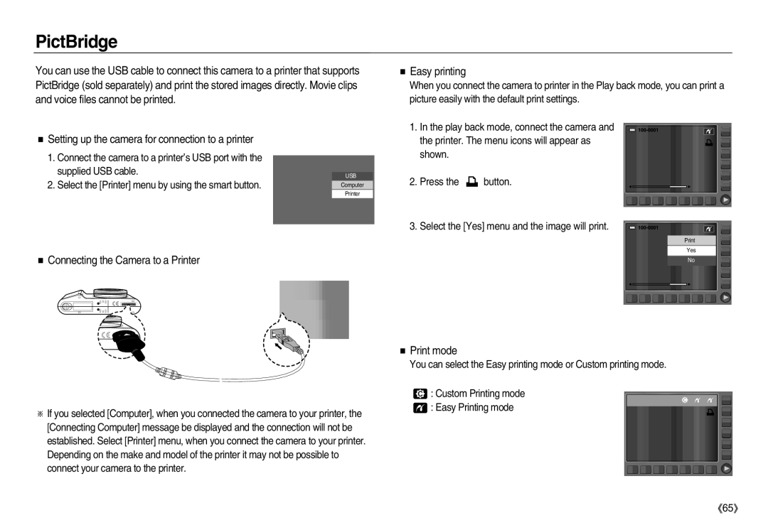 Samsung EC-NV8ZZSBA/TR, EC-NV8ZZBBA/E1 manual PictBridge, Connecting the Camera to a Printer, Easy printing, Print mode 