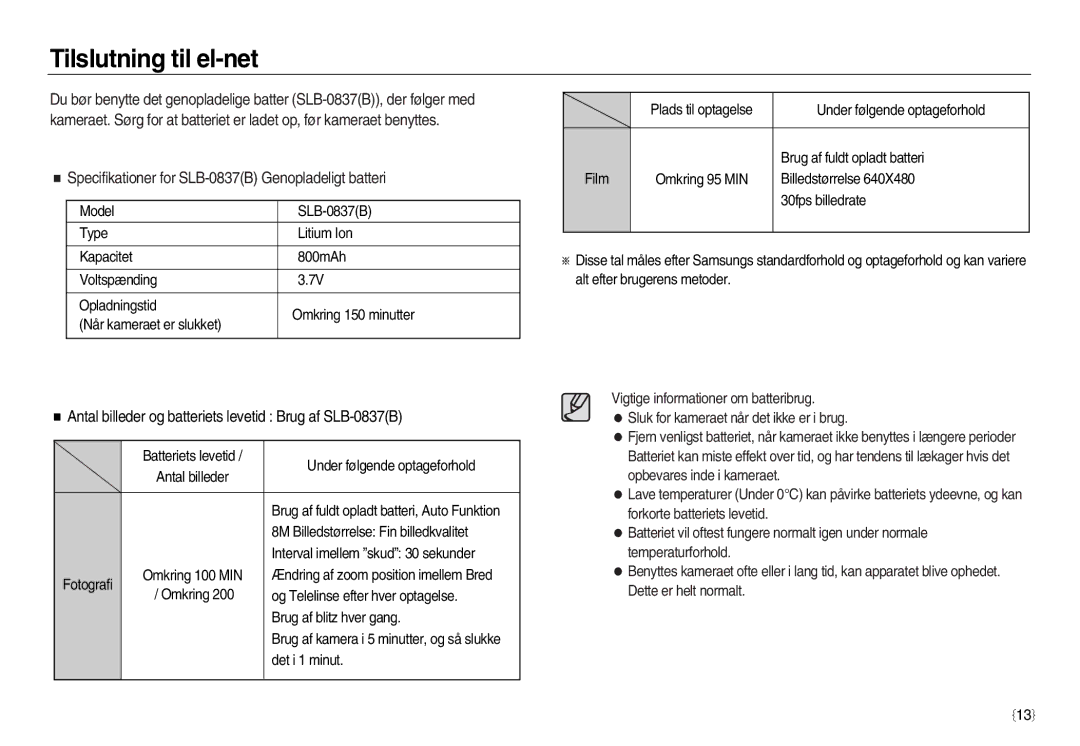 Samsung EC-NV8ZZSBA/E2, EC-NV8ZZSDA/E3 manual Tilslutning til el-net, Specifikationer for SLB-0837B Genopladeligt batteri 