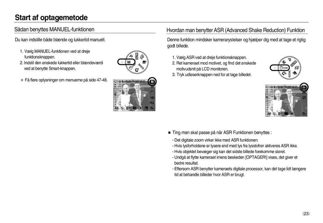 Samsung EC-NV8ZZSDA/E3, EC-NV8ZZBDA/E3 Sådan benyttes MANUEL-funktionen, Du kan indstille både blænde og lukkertid manuelt 